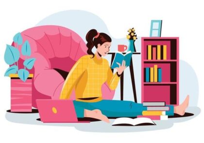 young girl online studying at home free vector